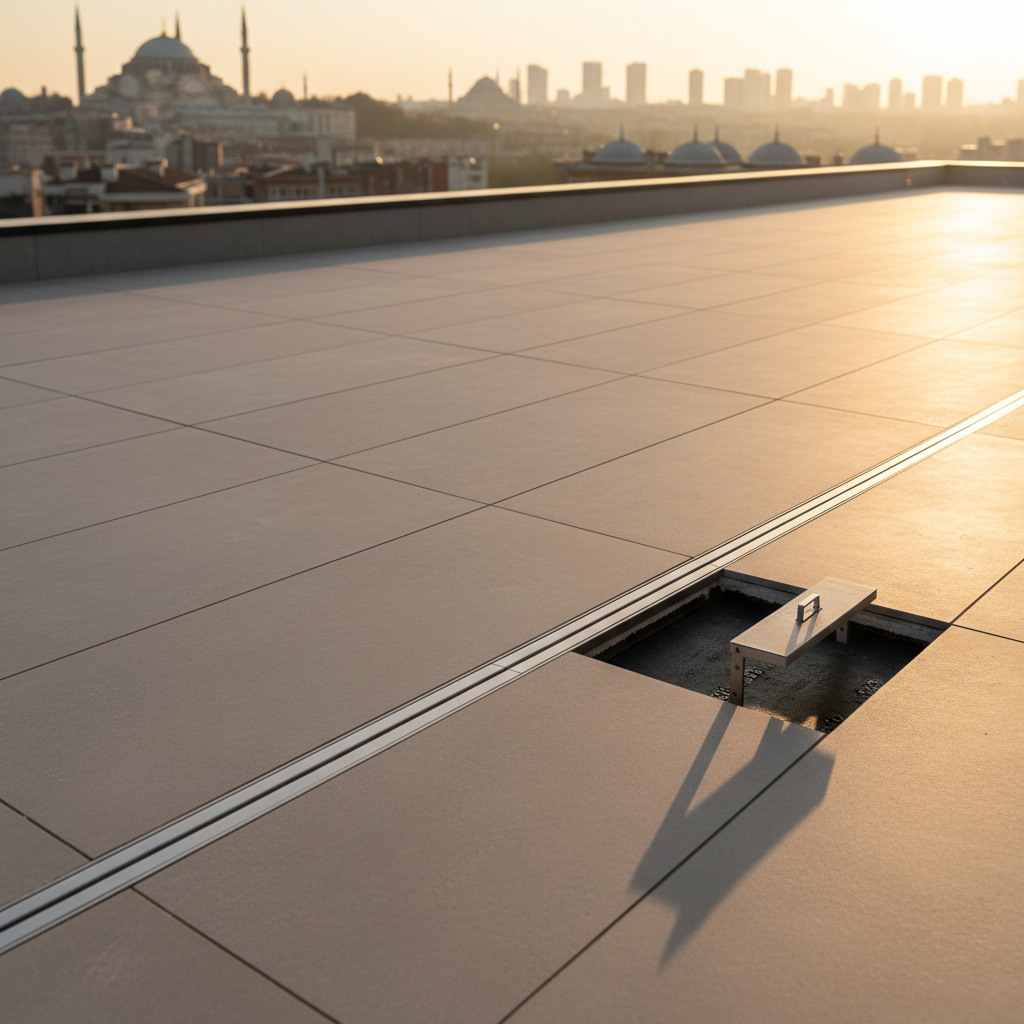 An elegant, modern terrace floor in Istanbul finished with large-format porcelain tiles in warm light grey, subtly sloped toward a linear stainless steel drain. Between tiles, extremely thin joints hint at an underlying professional waterproofing system, invisible yet essential. Soft golden hour sunlight washes across the surface from the right, producing long, delicate shadows and a gentle warm tone that enhances the premium materials. The terrace edge reveals a hint of the waterproofed layer at a small maintenance hatch, suggesting engineering beneath the aesthetics. Photographic realism with an architectural, minimalist style, shot at a slightly elevated angle to show both surface beauty and functional drainage, conveying comfort, safety, and long-term peace of mind from effective water insulation.