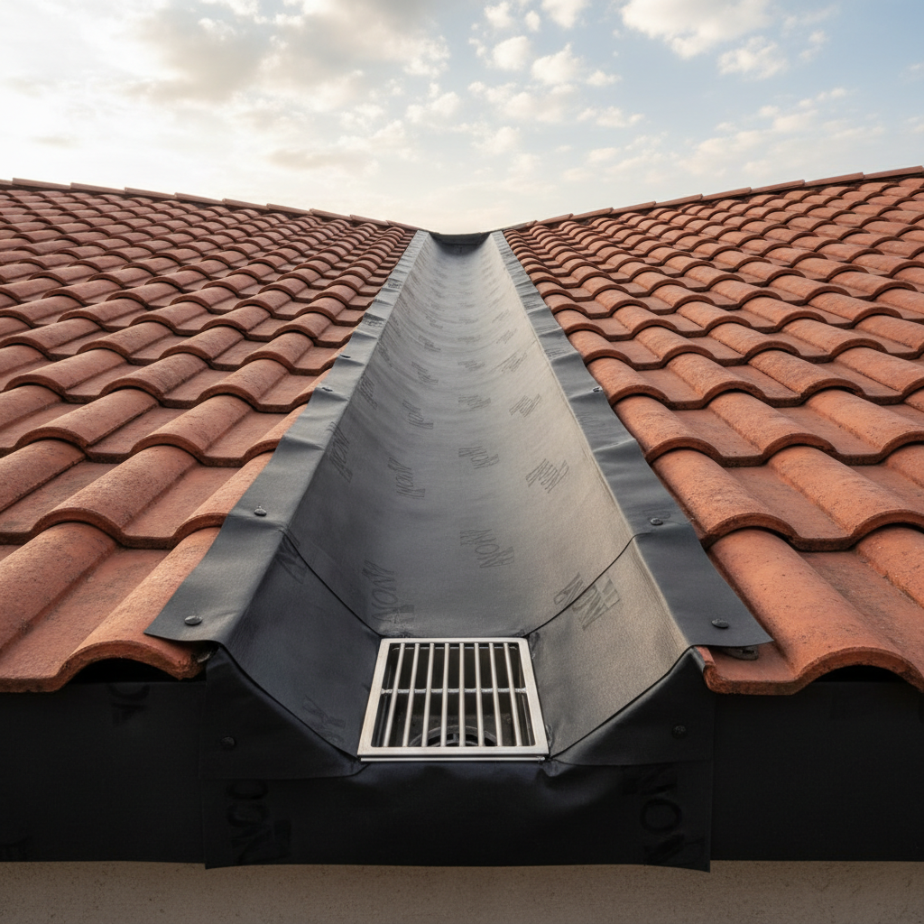 A meticulously detailed sloped tile roof photographed from a low angle, featuring a central valley gutter and surrounding red clay tiles. The valley and all critical junctions are lined with a continuous, dark waterproofing layer branded discreetly with IONA, flowing neatly into a stainless-steel drain. The sky above is bright but slightly cloudy, providing soft natural daylight that gently reflects off the metal and membrane without harsh glare. The mood is reliable and secure, with a balanced composition using the roof lines to lead the eye toward the protected drainage point, illustrating professional roof waterproofing solutions.